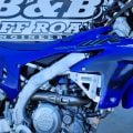 B&B Off Road radiator guard fitted to a blue off-road motorcycle