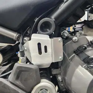B&B aluminium rear brake reservoir guard fitted to a motorcycle