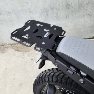 Black B&B rear luggage rack fitted to a CFMOTO adventure motorcycle