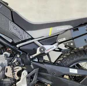 Side luggage rack fitted to a CFMOTO 450MT adventure motorcycle