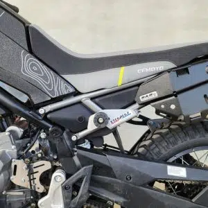 Side luggage rack fitted to a CFMOTO 450MT adventure motorcycle