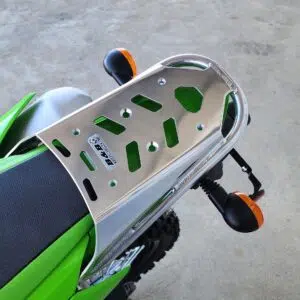 B&B rear luggage rack fitted to a green Kawasaki dual-sport motorcycle