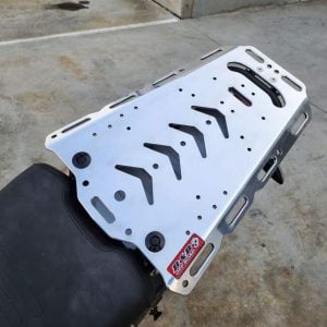 B&B Off Road hinged rear luggage rack fitted to an adventure motorcycle