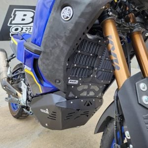 Black B&B bash plate and radiator guard fitted to a Yamaha Tenere 700